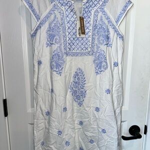 Roller Rabbit White and Blue Midi Dress with Elegant Silhouette